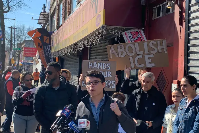 Protesters outside the Flatbush restaurant on March 9th where an ICE raid took place.